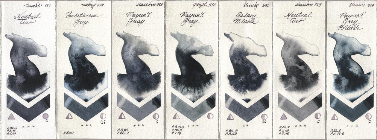 Holbein Artists Watercolor 157 Neutral Tint, Rosa Gallery 778 Indanthrene Grey, Daniel Smith 065 Paynes Gray, Golden QOR 510 Paynes Gray, Shminke Horadam Aquarell 975 Galaxy Black, 229 Neutral Tint, 787 Paynes Grey Blui watercolor swatch