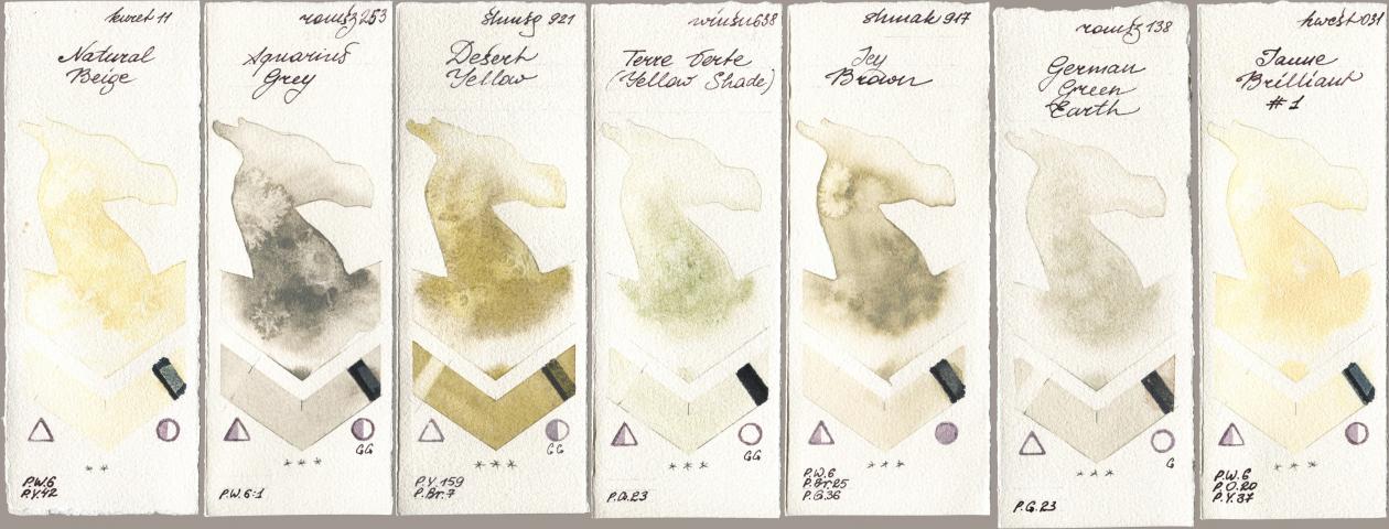 Kuretake Gansai Tambi 011 Natural Beige, Roman Szmal Aquarius 253 Aquarius Grey, Shminke Horadam Aquarell 921 Desert Yellow, Winsor & Newton Professional 638 Terre Verte (Yellow Shade), Shminke Akademie Aquarell 917 Icy Brown, 138 German Green Earth, Holbein Artists Watercolor 031 Jaune Brilliant No watercolor swatch