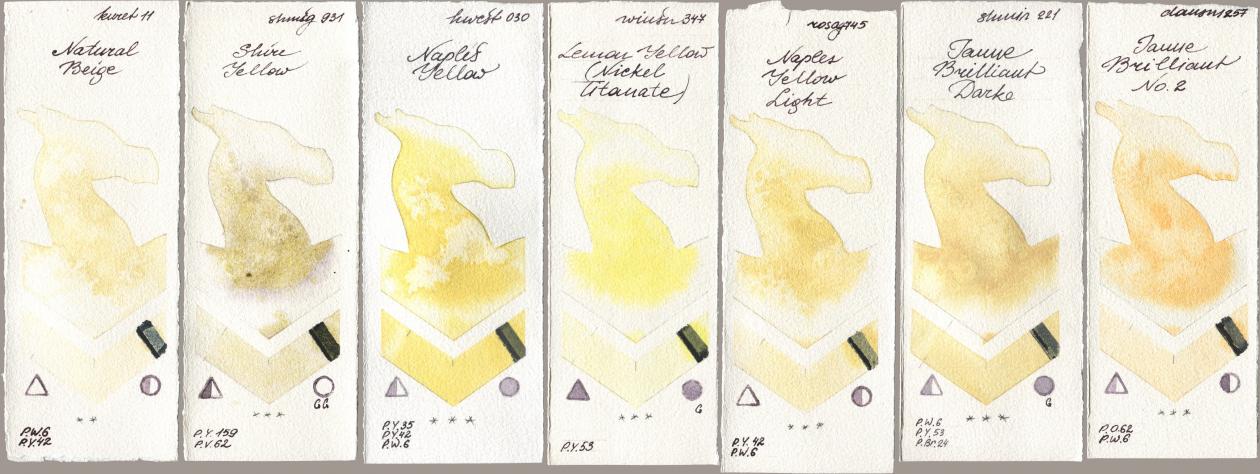 Kuretake Gansai Tambi 011 Natural Beige, Shminke Horadam Aquarell 931 Shire Yellow, Holbein Artists Watercolor 030 Naples Yellow, Winsor & Newton Professional 347 Lemon Yellow (Nickel Titanate), Rosa Gallery 745 Naples Yellow Light, 221 Brilliant Yellow Dark (Jaune Brilliant Dark), Daniel Smith 257 Jaune Brilliant No watercolor swatch