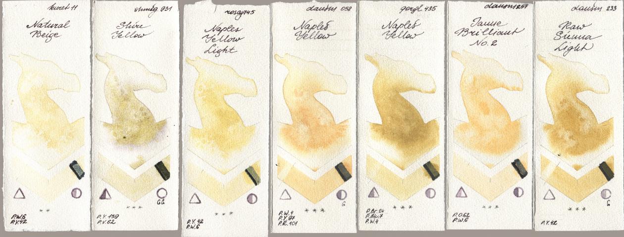 Kuretake Gansai Tambi 011 Natural Beige, Shminke Horadam Aquarell 931 Shire Yellow, Rosa Gallery 745 Naples Yellow Light, Daniel Smith 058 Naples Yellow, Golden QOR 435 Naples Yellow, 257 Jaune Brilliant No 2, 233 Raw Sienna Lig watercolor swatch