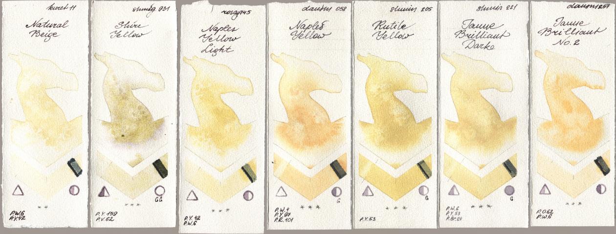 Kuretake Gansai Tambi 011 Natural Beige, Shminke Horadam Aquarell 931 Shire Yellow, Rosa Gallery 745 Naples Yellow Light, Daniel Smith 058 Naples Yellow, 205 Rutile Yellow, 221 Brilliant Yellow Dark (Jaune Brilliant Dark), 257 Jaune Brilliant No watercolor swatch