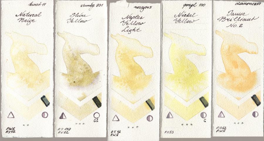 Kuretake Gansai Tambi 011 Natural Beige, Shminke Horadam Aquarell 931 Shire Yellow, Rosa Gallery 745 Naples Yellow Light, Golden QOR 100 Nickel Yellow, Daniel Smith 257 Jaune Brilliant No watercolor swatch