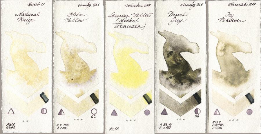 Kuretake Gansai Tambi 011 Natural Beige vs Shminke Horadam Aquarell 931 Shire Yellow vs Winsor & Newton Professional 347 Lemon Yellow (Nickel Titanate) vs 925 Desert Grey vs Shminke Akademie Aquarell 917 Icy Brown watercolor swatch
