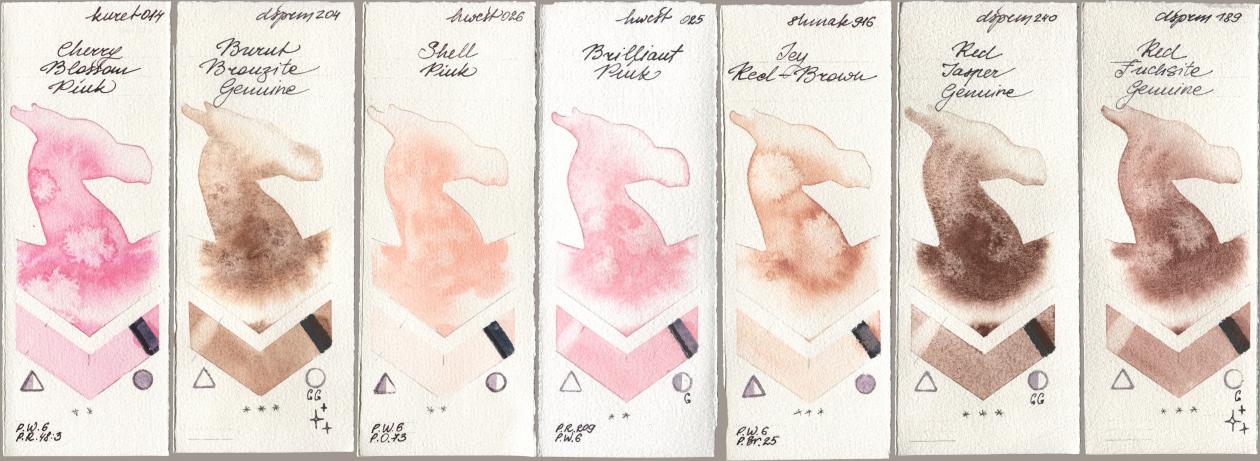 Kuretake Gansai Tambi 014 Cherry Blossom Pink, Daniel Smith 204 Burnt Bronzite Genuine, Holbein Artists Watercolor 026 Shell Pink, 025 Brilliant Pink, Shminke Akademie Aquarell 916 Icy Red-Brown, 240 Red Jasper Genuine, 189 Red Fuchsite Genui watercolor swatch
