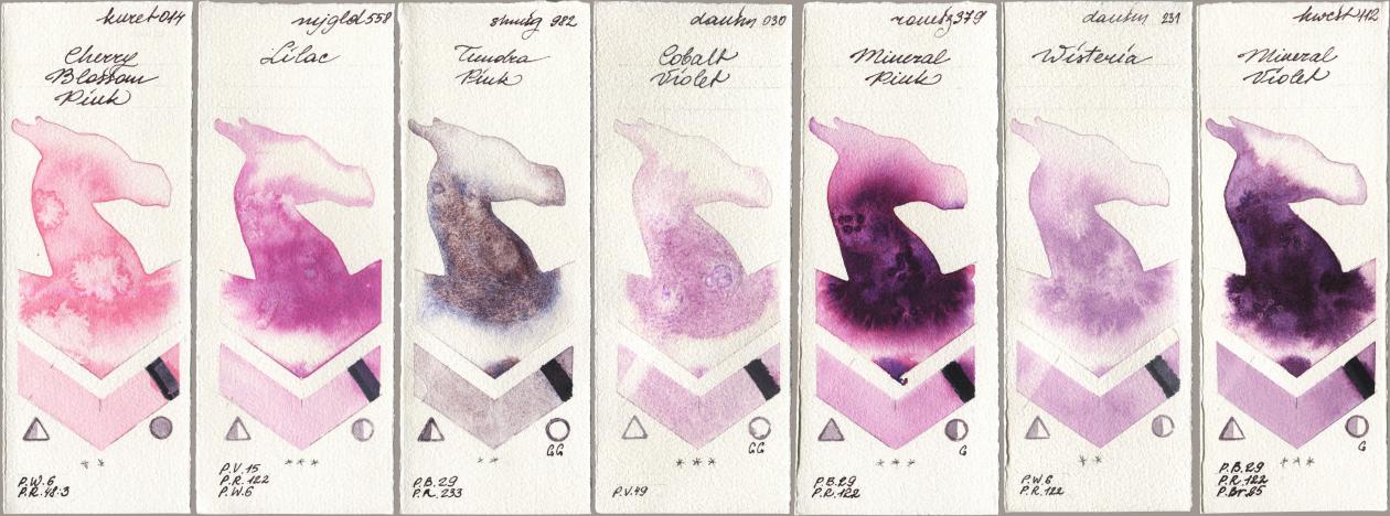 Kuretake Gansai Tambi 014 Cherry Blossom Pink, Mijello Mission Gold 558 Lilac, Shminke Horadam Aquarell 982 Tundra Pink, Daniel Smith 030 Cobalt Violet, Roman Szmal Aquarius 379 Mineral Pink, 231 Wisteria, Holbein Artists Watercolor 112 Mineral Viol watercolor swatch