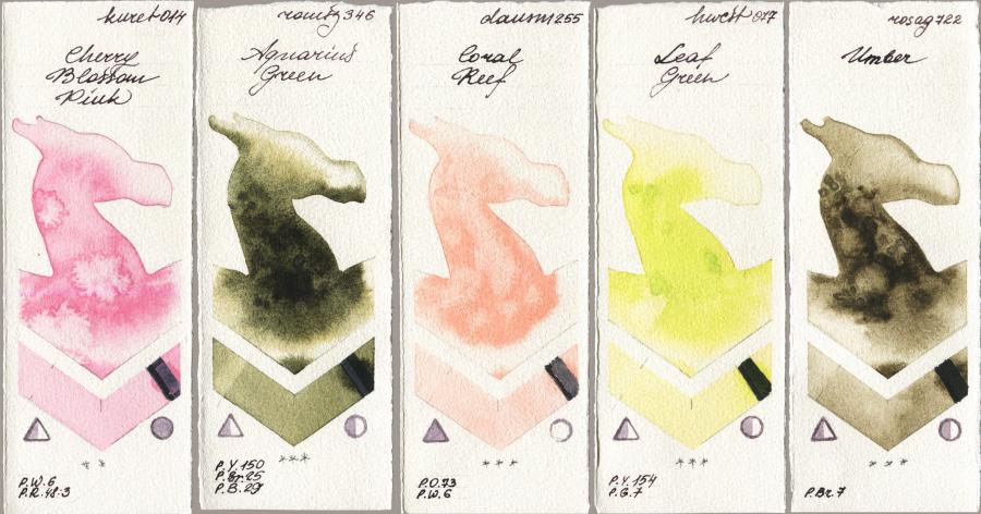 Kuretake Gansai Tambi 014 Cherry Blossom Pink vs Roman Szmal Aquarius 346 Aquarius Green vs Daniel Smith 255 Coral Reef vs Holbein Artists Watercolor 077 Leaf Green vs Rosa Gallery 722 Umber watercolor swatch