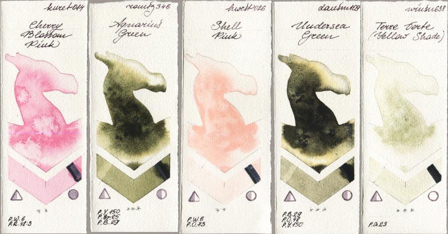 Kuretake Gansai Tambi 014 Cherry Blossom Pink vs Roman Szmal Aquarius 346 Aquarius Green vs Holbein Artists Watercolor 026 Shell Pink vs Daniel Smith 109 Undersea Green vs Winsor & Newton Professional 638 Terre Verte (Yellow Shade) watercolor swatch