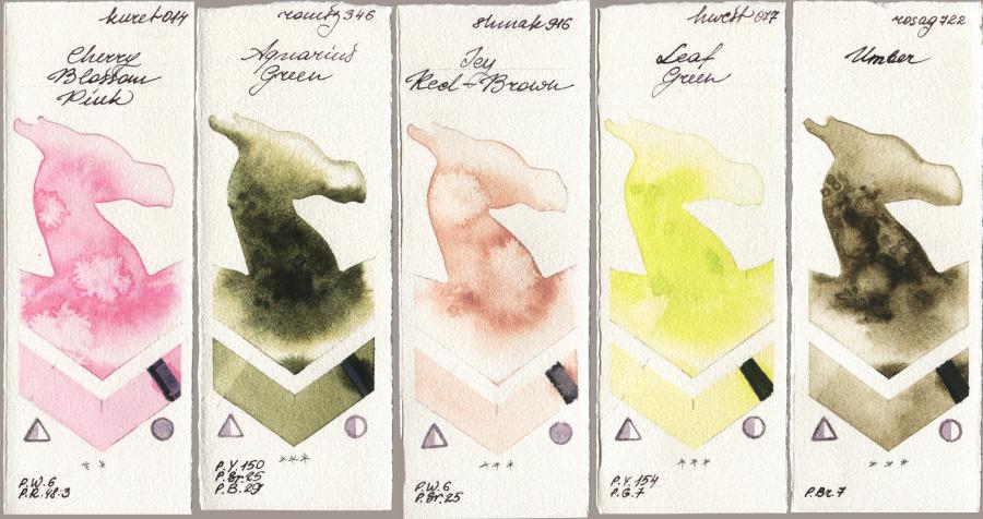 Kuretake Gansai Tambi 014 Cherry Blossom Pink vs Roman Szmal Aquarius 346 Aquarius Green vs Shminke Akademie Aquarell 916 Icy Red-Brown vs Holbein Artists Watercolor 077 Leaf Green vs Rosa Gallery 722 Umber watercolor swatch