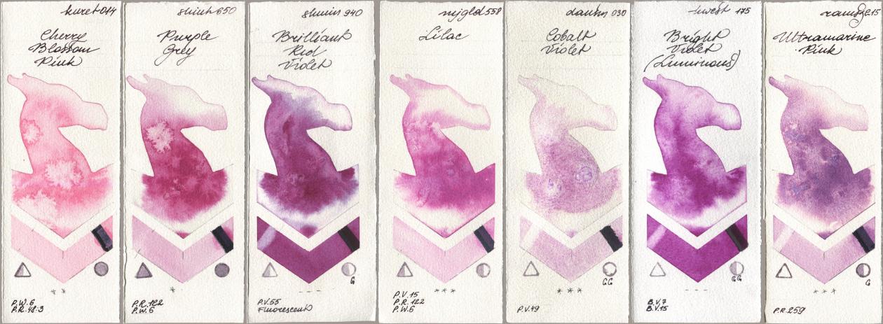 Kuretake Gansai Tambi 014 Cherry Blossom Pink, Shinhan PWC 650 Purple Grey, Shminke Horadam Aquarell 940 Brilliant Red Violet, Mijello Mission Gold 558 Lilac, Daniel Smith 030 Cobalt Violet, Holbein Artists Watercolor 175 Bright Violet (Luminous), Roman Szmal Aquarius 215 Ultramarine Pi watercolor swatch