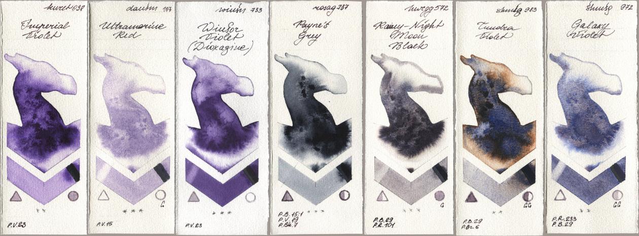 Kuretake Gansai Tambi 038 Imperial Violet, Daniel Smith 107 Ultramarine Red, Winsor & Newton Professional 733 Winsor Violet (Dioxazine), Rosa Gallery 737 Paynes Grey, Holbein Artists Watercolor 572 Rainy-Night Moon Back, Shminke Horadam Aquarell 983 Tundra Violet, 972 Galaxy Viol watercolor swatch