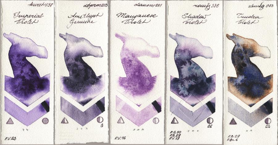 Kuretake Gansai Tambi 038 Imperial Violet vs Daniel Smith 203 Amethyst Genuine vs 261 Manganese Violet vs Roman Szmal Aquarius 336 Shadow Violet vs Shminke Horadam Aquarell 983 Tundra Violet watercolor swatch