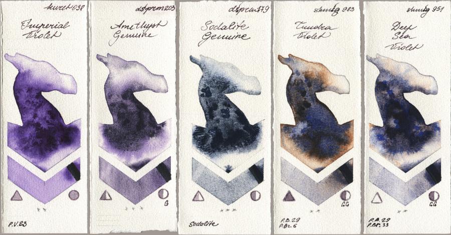 Kuretake Gansai Tambi 038 Imperial Violet vs Daniel Smith 203 Amethyst Genuine vs 179 Sodalite Genuine vs Shminke Horadam Aquarell 983 Tundra Violet vs 951 Deep Sea Violet watercolor swatch