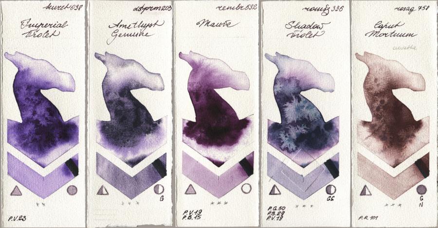 Kuretake Gansai Tambi 038 Imperial Violet vs Daniel Smith 203 Amethyst Genuine vs Royal Talens Rembrandt Watercolour 532 Mauve vs Roman Szmal Aquarius 336 Shadow Violet vs Rosa Gallery 758 Caput Mortuum watercolor swatch