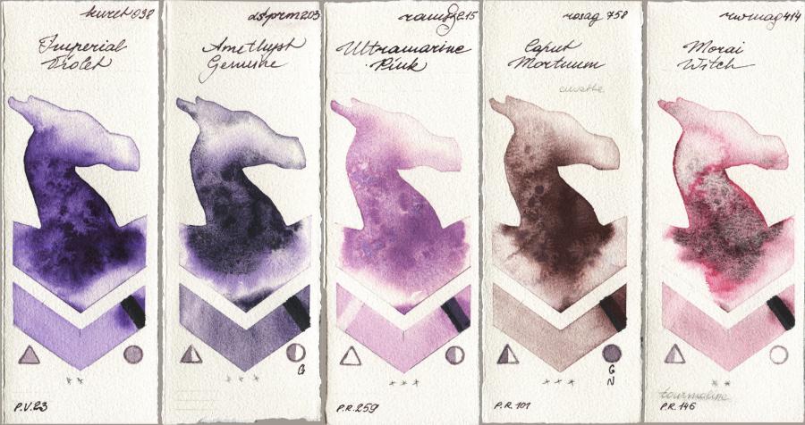 Kuretake Gansai Tambi 038 Imperial Violet vs Daniel Smith 203 Amethyst Genuine vs Roman Szmal Aquarius 215 Ultramarine Pink vs Rosa Gallery 758 Caput Mortuum vs Rockwell 414 Morai Witch watercolor swatch
