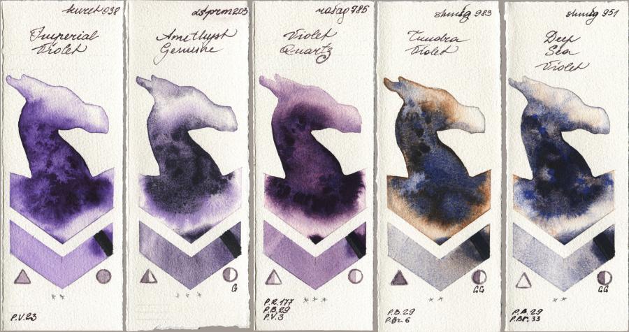 Kuretake Gansai Tambi 038 Imperial Violet vs Daniel Smith 203 Amethyst Genuine vs Rosa Gallery 785 Violet Quartz vs Shminke Horadam Aquarell 983 Tundra Violet vs 951 Deep Sea Violet watercolor swatch