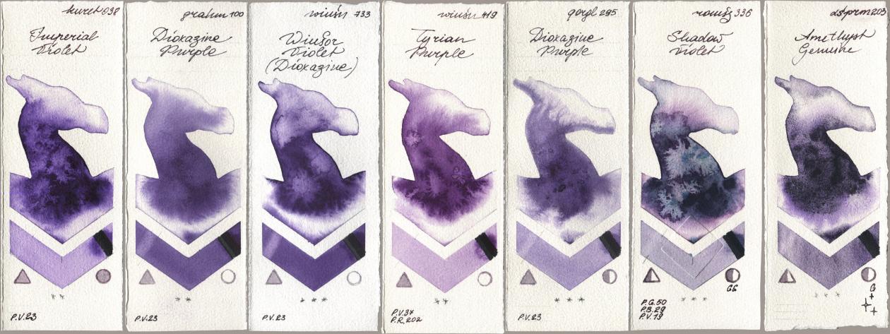 Kuretake Gansai Tambi 038 Imperial Violet, M. Graham & Co. Artists 100 Dioxazine Purple, Winsor & Newton Professional 733 Winsor Violet (Dioxazine), 419 Tyrian Purple, Golden QOR 295 Dioxazine Purple, Roman Szmal Aquarius 336 Shadow Violet, Daniel Smith 203 Amethyst Genui watercolor swatch