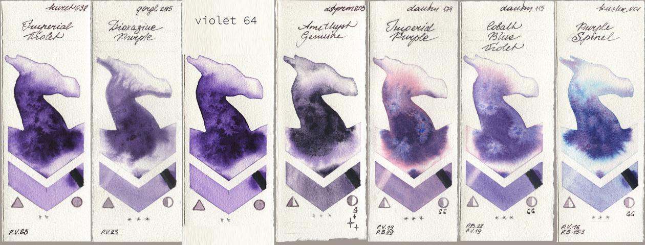 Kuretake Gansai Tambi 038 Imperial Violet, Golden QOR 295 Dioxazine Purple, my 064 violet64, Daniel Smith 203 Amethyst Genuine, 174 Imperial Purple, 115 Cobalt Blue Violet, Kusakabe 001 Purple Spin watercolor swatch