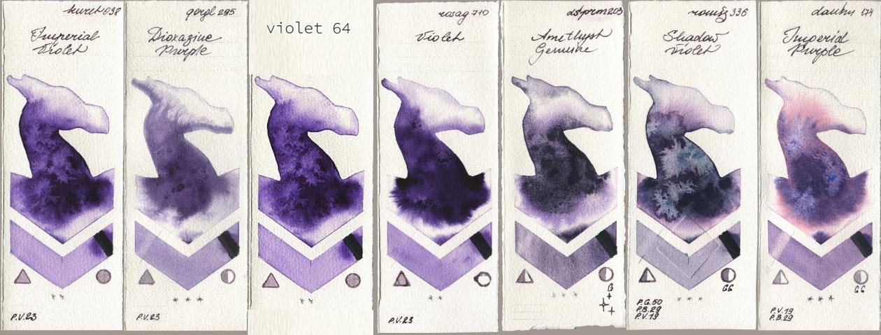 Kuretake Gansai Tambi 038 Imperial Violet, Golden QOR 295 Dioxazine Purple, my 064 violet64, Rosa Gallery 710 Violet, Daniel Smith 203 Amethyst Genuine, Roman Szmal Aquarius 336 Shadow Violet, 174 Imperial Purp watercolor swatch