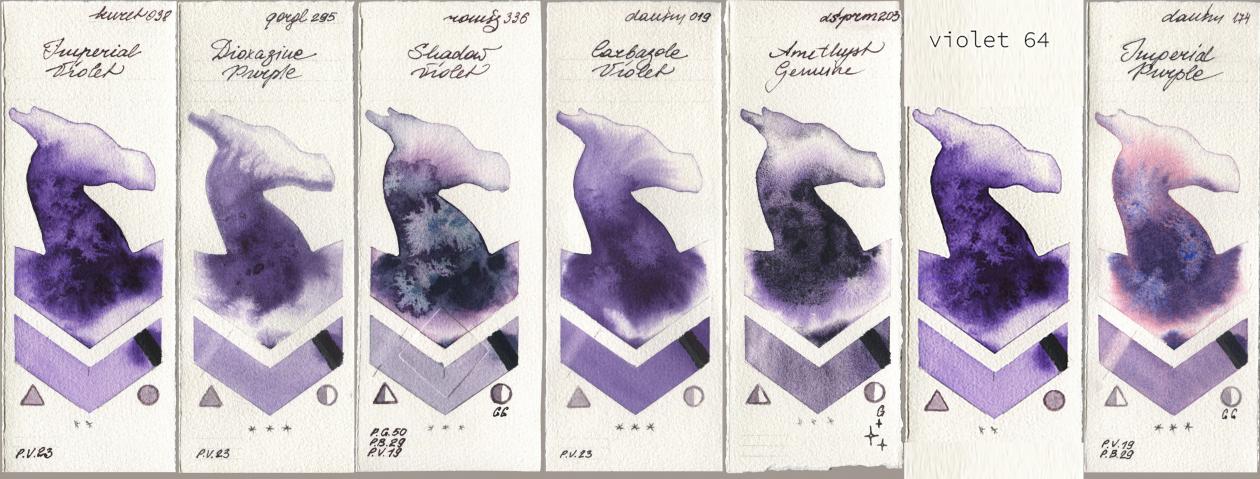Kuretake Gansai Tambi 038 Imperial Violet, Golden QOR 295 Dioxazine Purple, Roman Szmal Aquarius 336 Shadow Violet, Daniel Smith 019 Carbazole Violet, 203 Amethyst Genuine, my 064 violet64, 174 Imperial Purp watercolor swatch