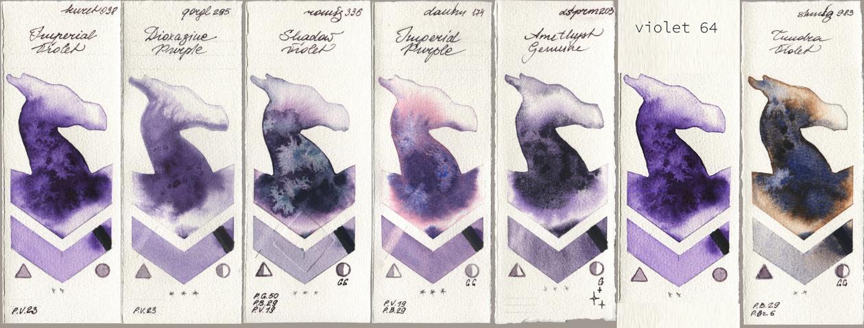 Kuretake Gansai Tambi 038 Imperial Violet, Golden QOR 295 Dioxazine Purple, Roman Szmal Aquarius 336 Shadow Violet, Daniel Smith 174 Imperial Purple, 203 Amethyst Genuine, my 064 violet64, Shminke Horadam Aquarell 983 Tundra Viol watercolor swatch
