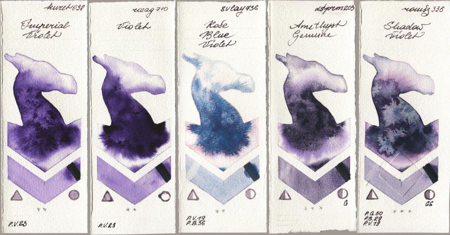 Kuretake Gansai Tambi 038 Imperial Violet vs Rosa Gallery 710 Violet vs SuperVision 736 Rose Blue Violet vs Daniel Smith 203 Amethyst Genuine vs Roman Szmal Aquarius 336 Shadow Violet watercolor swatch