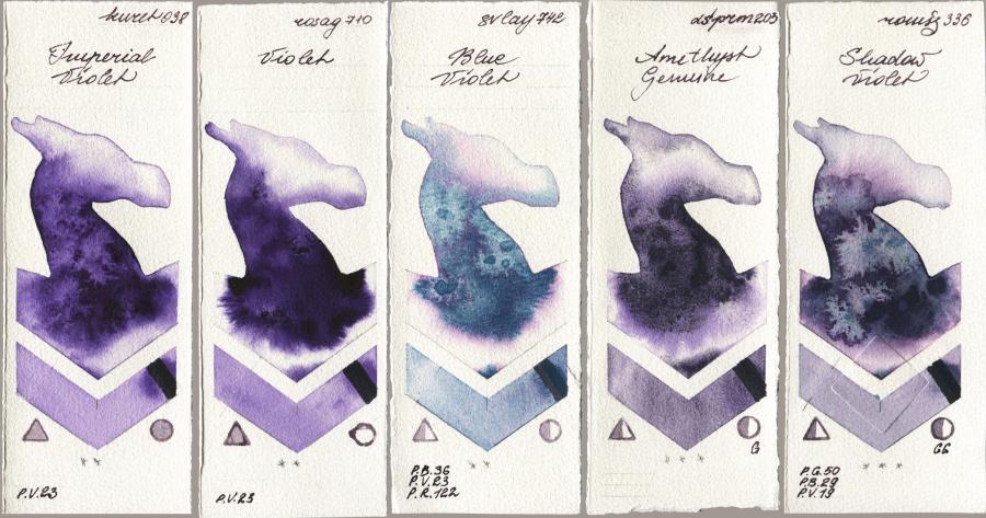 Kuretake Gansai Tambi 038 Imperial Violet vs Rosa Gallery 710 Violet vs SuperVision 742 Blue Violet vs Daniel Smith 203 Amethyst Genuine vs Roman Szmal Aquarius 336 Shadow Violet watercolor swatch