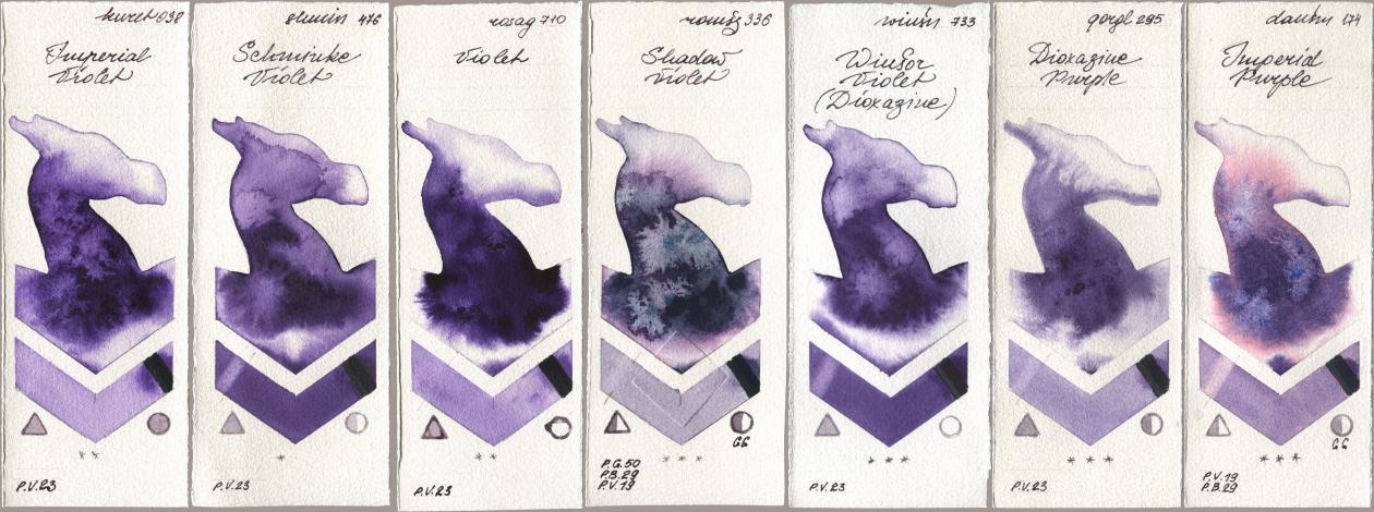 Kuretake Gansai Tambi 038 Imperial Violet, Shminke Horadam Aquarell 476 Schmincke Violet, Rosa Gallery 710 Violet, Roman Szmal Aquarius 336 Shadow Violet, Winsor & Newton Professional 733 Winsor Violet (Dioxazine), Golden QOR 295 Dioxazine Purple, Daniel Smith 174 Imperial Purp watercolor swatch