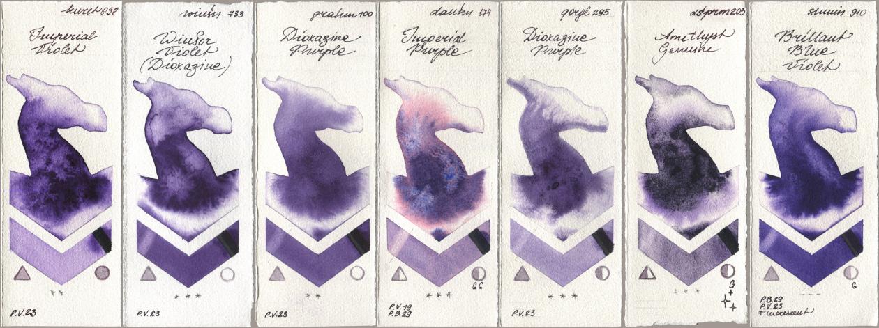 Kuretake Gansai Tambi 038 Imperial Violet, Winsor & Newton Professional 733 Winsor Violet (Dioxazine), M. Graham & Co. Artists 100 Dioxazine Purple, Daniel Smith 174 Imperial Purple, Golden QOR 295 Dioxazine Purple, 203 Amethyst Genuine, Shminke Horadam Aquarell 910 Brilliant Blue Viol watercolor swatch