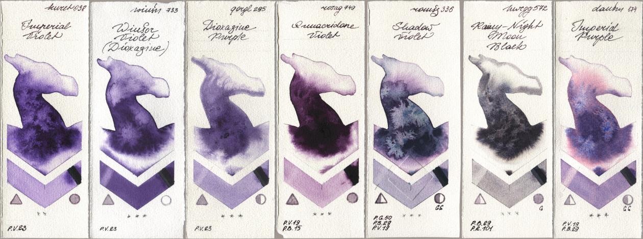 Kuretake Gansai Tambi 038 Imperial Violet, Winsor & Newton Professional 733 Winsor Violet (Dioxazine), Golden QOR 295 Dioxazine Purple, Rosa Gallery 749 Quinacridone Violet, Roman Szmal Aquarius 336 Shadow Violet, Holbein Artists Watercolor 572 Rainy-Night Moon Back, Daniel Smith 174 Imperial Purp watercolor swatch