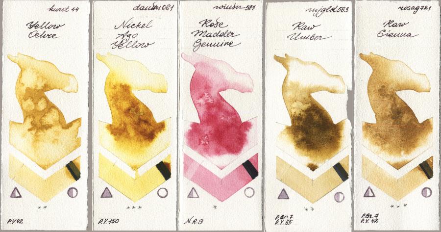 Kuretake Gansai Tambi 044 Yellow Ochre vs Daniel Smith 061 Nickel Azo Yellow vs Winsor & Newton Professional 587 Rose Madder Genuine vs Mijello Mission Gold 563 Raw Umber vs Rosa Gallery 721 Raw Sienna watercolor swatch