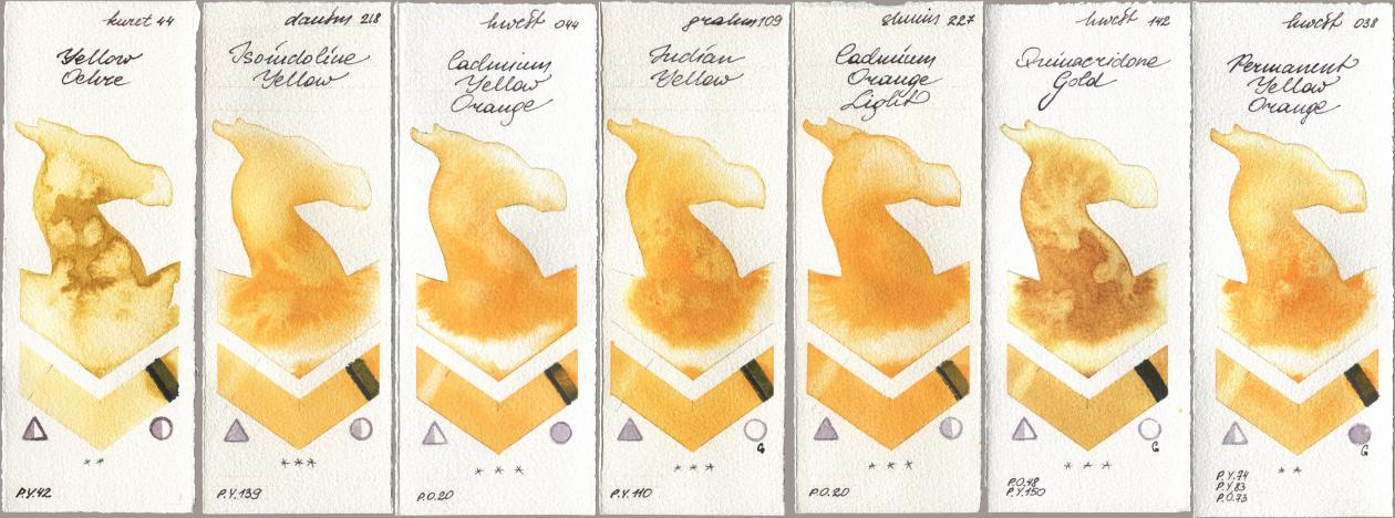 Kuretake Gansai Tambi 044 Yellow Ochre, Daniel Smith 218 Isoindoline Yellow, Holbein Artists Watercolor 044 Cadmium Yellow Orange, M. Graham & Co. Artists 109 Indian Yellow, Shminke Horadam Aquarell 227 Cadmium Orange Light, 142 Quinacridone Gold, 038 Permanent Yellow Oran watercolor swatch