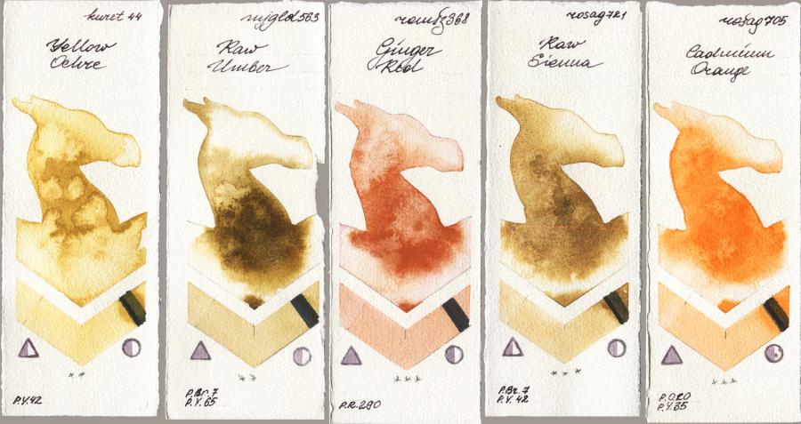 Kuretake Gansai Tambi 044 Yellow Ochre vs Mijello Mission Gold 563 Raw Umber vs Roman Szmal Aquarius 368 Genger Red vs Rosa Gallery 721 Raw Sienna vs 705 Cadmium Orange watercolor swatch