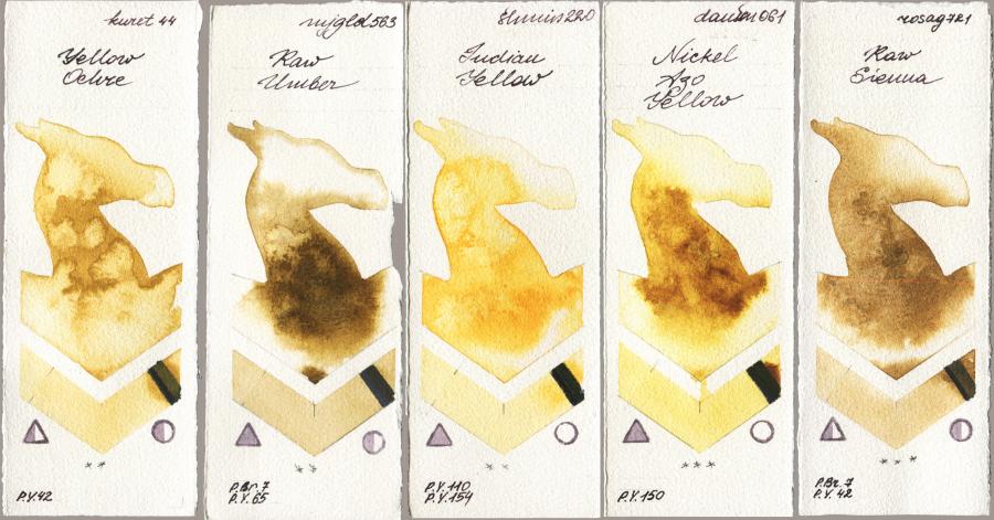 Kuretake Gansai Tambi 044 Yellow Ochre vs Mijello Mission Gold 563 Raw Umber vs Shminke Horadam Aquarell 220 Indian Yellow vs Daniel Smith 061 Nickel Azo Yellow vs Rosa Gallery 721 Raw Sienna watercolor swatch