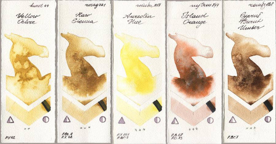 Kuretake Gansai Tambi 044 Yellow Ochre vs Rosa Gallery 721 Raw Sienna vs Winsor & Newton Professional 417 Aureolin Hue vs Mijello Mission Gold 844 Island Orange vs Roman Szmal Aquarius 128 Cyprus Burnt Umber watercolor swatch