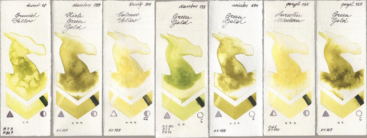 Kuretake Gansai Tambi 048 Greenish Yellow, Daniel Smith 099 Rich Green Gold, Shminke Horadam Aquarell 911 Volcano Yellow, 139 Green Gold, Winsor & Newton Professional 294 Green Gold, Golden QOR 135 Aureolin Modern, 425 Green Go watercolor swatch