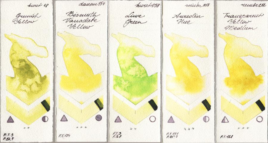 Kuretake Gansai Tambi 048 Greenish Yellow vs Daniel Smith 154 Bismuth Vanadate Yellow vs 059 Lime Green vs Winsor & Newton Professional 417 Aureolin Hue vs Royal Talens Rembrandt Watercolour 272 Transparent Yellow Medium watercolor swatch