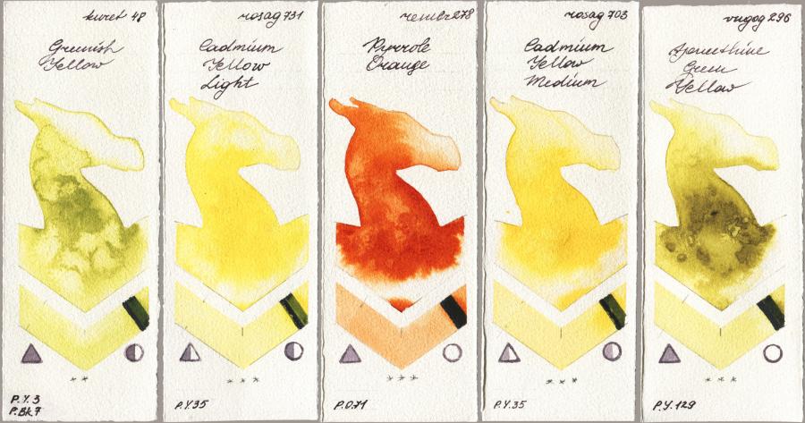 Kuretake Gansai Tambi 048 Greenish Yellow vs Rosa Gallery 731 Cadmium Yellow Light vs Royal Talens Rembrandt Watercolour 278 Pyrrole Orange vs 703 Cadmium Yellow Medium vs Royal Talens Van Gogh Watercolour 296 Azomethine Green Yellow watercolor swatch