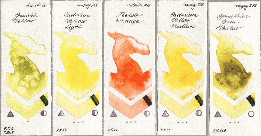 Kuretake Gansai Tambi 048 Greenish Yellow vs Rosa Gallery 731 Cadmium Yellow Light vs Winsor & Newton Professional 418 Fields Orange vs 703 Cadmium Yellow Medium vs Royal Talens Van Gogh Watercolour 296 Azomethine Green Yellow watercolor swatch