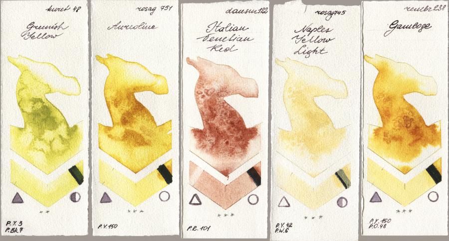 Kuretake Gansai Tambi 048 Greenish Yellow vs Rosa Gallery 751 Aureoline vs Daniel Smith 122 Italian Venetian Red vs 745 Naples Yellow Light vs Royal Talens Rembrandt Watercolour 238 Gamboge watercolor swatch