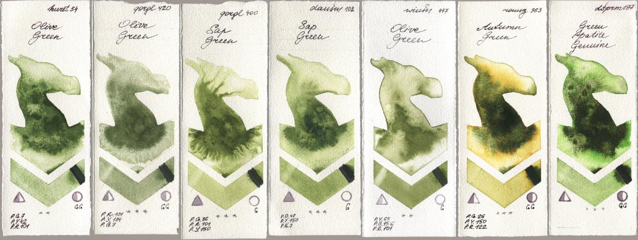Kuretake Gansai Tambi 054 Olive Green, Golden QOR 420 Olive Green, 400 Sap Green, Daniel Smith 102 Sap Green, Winsor & Newton Professional 447 Olive Green, Roman Szmal Aquarius 363 Autumn Green, 197 Green Apatite Genui watercolor swatch