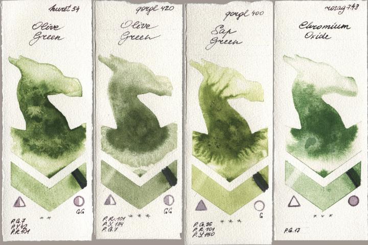 Kuretake Gansai Tambi 054 Olive Green, Golden QOR 420 Olive Green, 400 Sap Green, Rosa Gallery 743 Chromium Oxi watercolor swatch