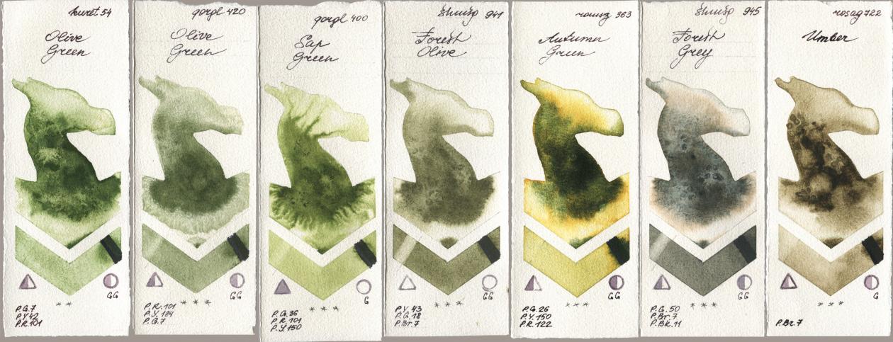 Kuretake Gansai Tambi 054 Olive Green, Golden QOR 420 Olive Green, 400 Sap Green, Shminke Horadam Aquarell 941 Forest Olive, Roman Szmal Aquarius 363 Autumn Green, 945 Forest Grey, Rosa Gallery 722 Umb watercolor swatch