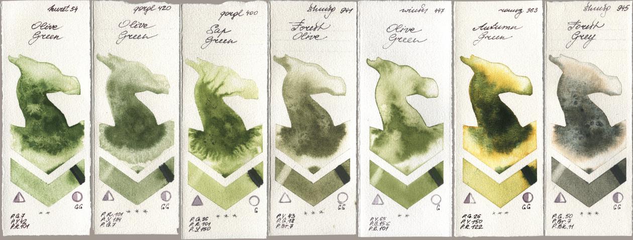 Kuretake Gansai Tambi 054 Olive Green, Golden QOR 420 Olive Green, 400 Sap Green, Shminke Horadam Aquarell 941 Forest Olive, Winsor & Newton Professional 447 Olive Green, Roman Szmal Aquarius 363 Autumn Green, 945 Forest Gr watercolor swatch