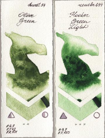 Kuretake Gansai Tambi 054 Olive Green vs Royal Talens Rembrandt Watercolour 644 Hooker Green Light watercolor swatch