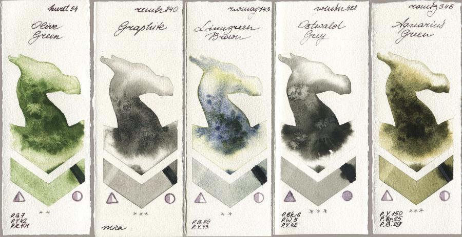 Kuretake Gansai Tambi 054 Olive Green vs Royal Talens Rembrandt Watercolour 840 Graphite vs Rockwell 143 Limugreen Brown vs Winsor & Newton Professional 428 Ostwald Grey vs Roman Szmal Aquarius 346 Aquarius Green watercolor swatch