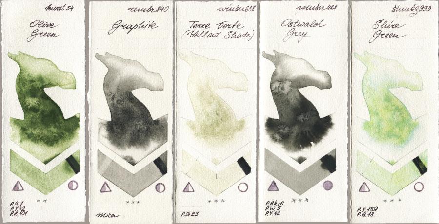 Kuretake Gansai Tambi 054 Olive Green vs Royal Talens Rembrandt Watercolour 840 Graphite vs Winsor & Newton Professional 638 Terre Verte (Yellow Shade) vs 428 Ostwald Grey vs Shminke Horadam Aquarell 933 Shire Green watercolor swatch