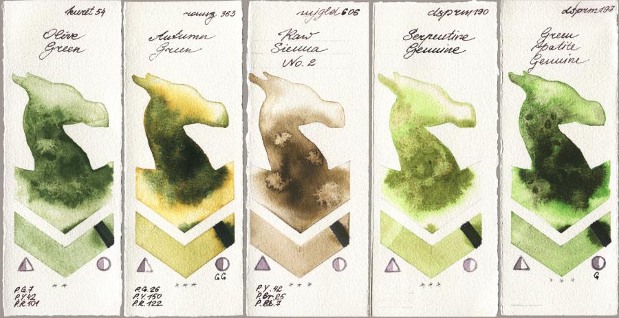 Kuretake Gansai Tambi 054 Olive Green vs Roman Szmal Aquarius 363 Autumn Green vs Mijello Mission Gold 606 Raw Sienna No 2 vs Daniel Smith 190 Serpentine Genuine vs 197 Green Apatite Genuine watercolor swatch