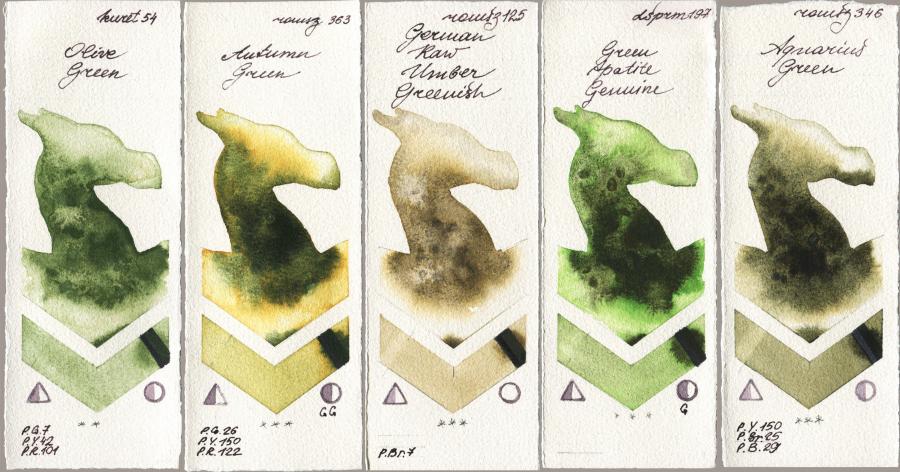 Kuretake Gansai Tambi 054 Olive Green vs Roman Szmal Aquarius 363 Autumn Green vs 125 German Raw Umber Greenish vs Daniel Smith 197 Green Apatite Genuine vs 346 Aquarius Green watercolor swatch