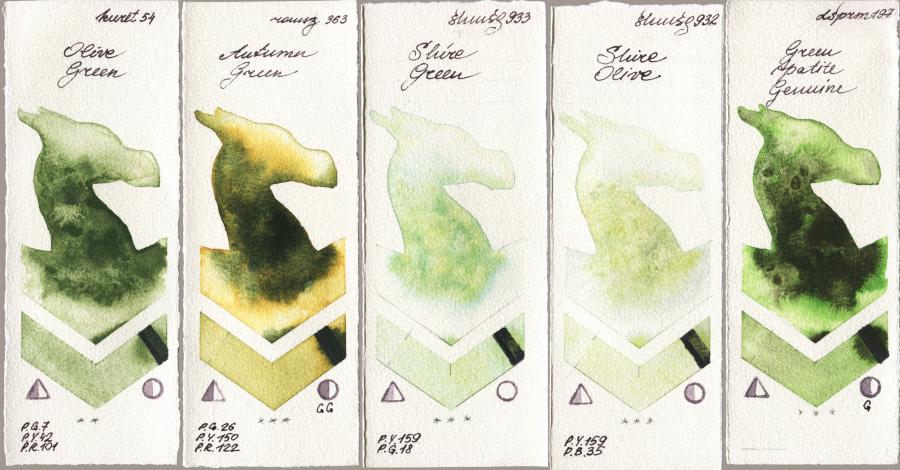Kuretake Gansai Tambi 054 Olive Green vs Roman Szmal Aquarius 363 Autumn Green vs Shminke Horadam Aquarell 933 Shire Green vs 932 Shire Olive vs Daniel Smith 197 Green Apatite Genuine watercolor swatch