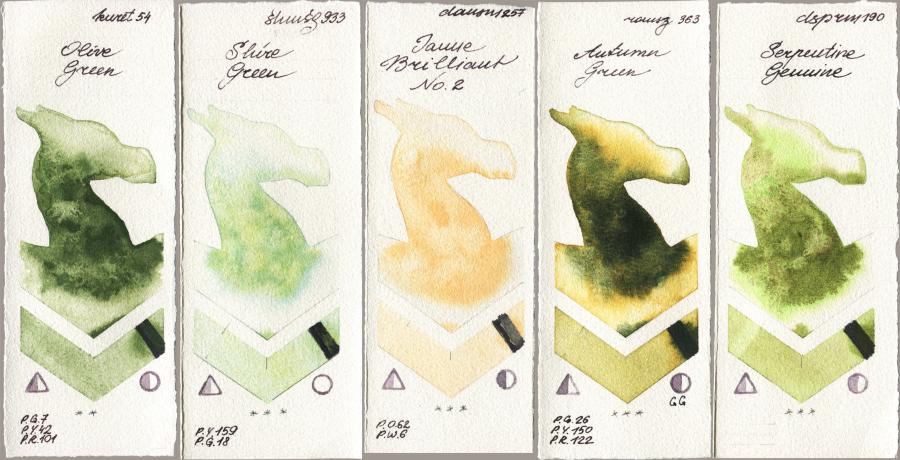 Kuretake Gansai Tambi 054 Olive Green vs Shminke Horadam Aquarell 933 Shire Green vs Daniel Smith 257 Jaune Brilliant No 2 vs Roman Szmal Aquarius 363 Autumn Green vs 190 Serpentine Genuine watercolor swatch